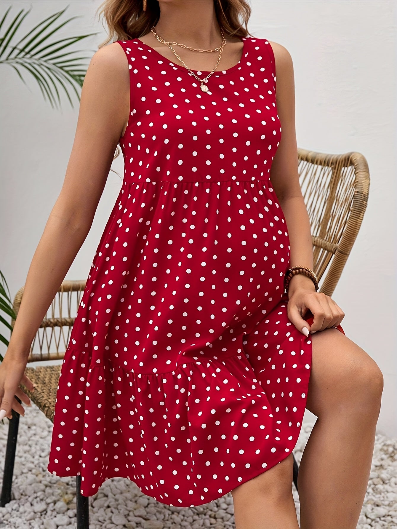 Confezione da 1 Abito Elegante Premaman Senza Maniche con Pois Rossi per Feste - Stile Estivo Casual, Lavabile in Lavatrice, Vestibilità Ampia per Donne, Abbigliamento Premam