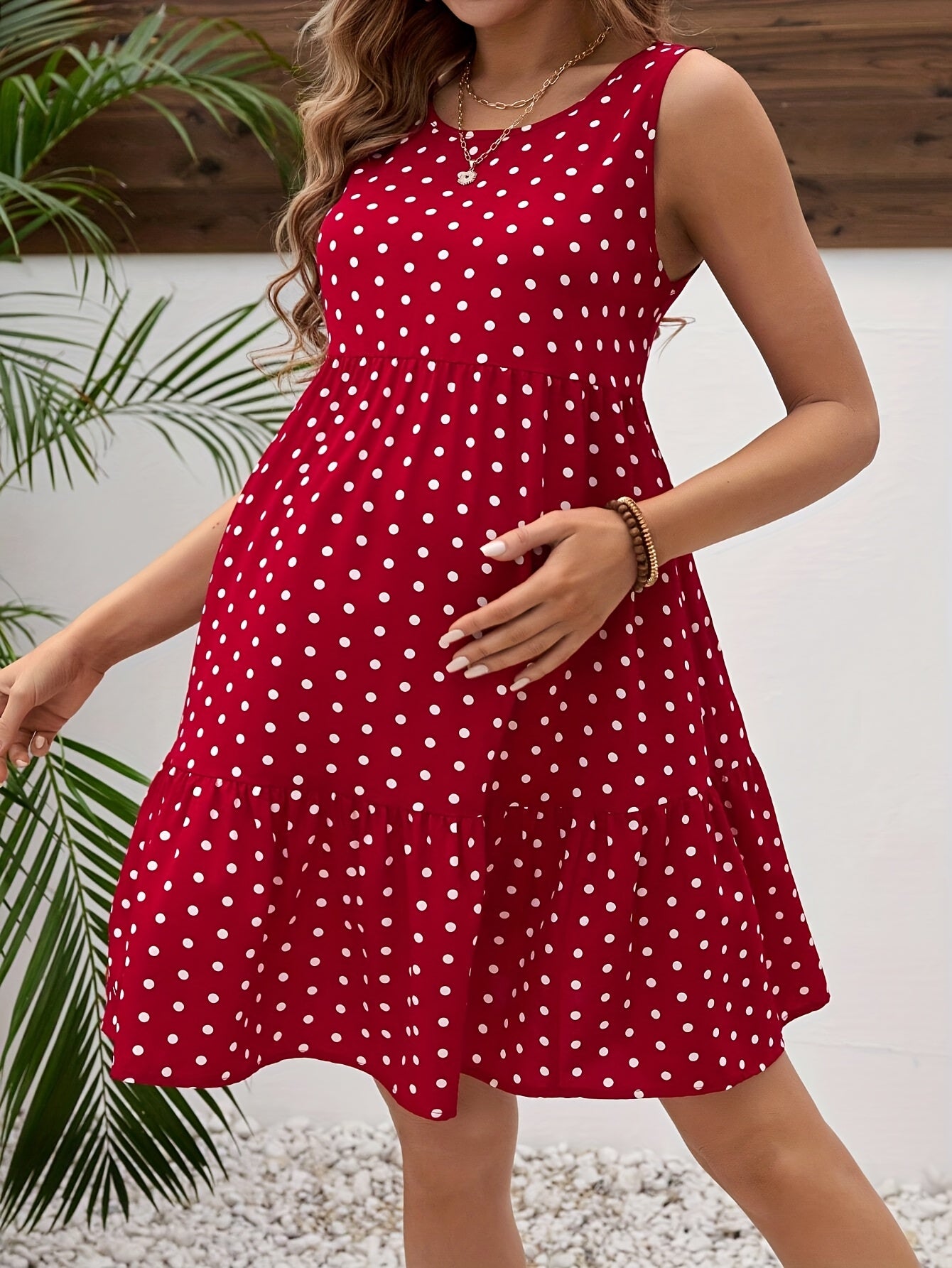 Confezione da 1 Abito Elegante Premaman Senza Maniche con Pois Rossi per Feste - Stile Estivo Casual, Lavabile in Lavatrice, Vestibilità Ampia per Donne, Abbigliamento Premam