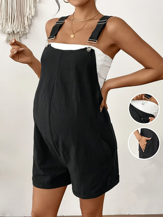 Jumpsuit Casual Elegante Estivo Premaman a Vita Alta con Tasche - Design Comodo e Traspirante in Nero & Bianco, Spalline Contrastanti per il Comfort della Gravidanza, Abbigliamento Maternità, Vestibilità Ampia