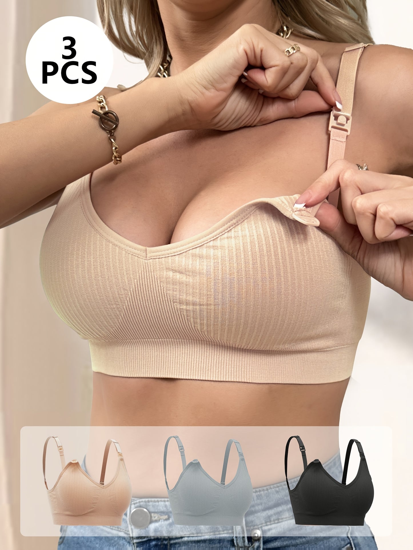 Confezione da 3 Reggiseni Eleganti per Allattamento Premaman con Spalline Rimovibili - Copertura Completa Traspirante, Spalline Regolabili, Chiusura con Cerniera per Facile Accesso - Beige, Grigio, Nero - Intimo di Maternità Stiloso e Funzionale