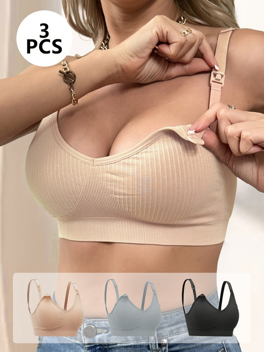 Confezione da 3 Reggiseni Eleganti per Allattamento Premaman con Spalline Rimovibili - Copertura Completa Traspirante, Spalline Regolabili, Chiusura con Cerniera per Facile Accesso - Beige, Grigio, Nero - Intimo di Maternità Stiloso e Funzionale