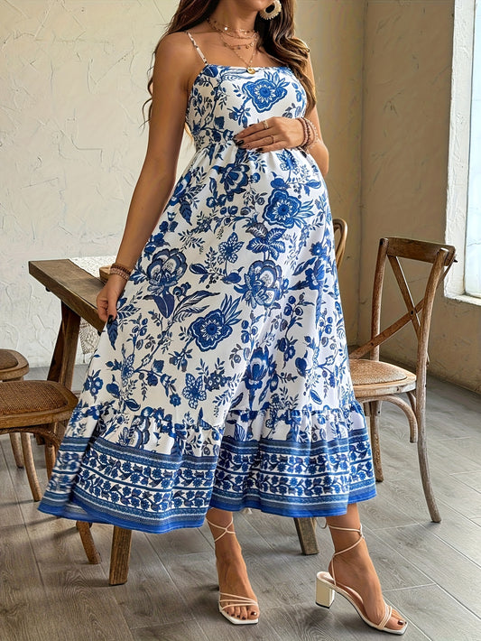 Elegante Abito Materno Maxi con Stampa Floreale - Blu e Bianco, Senza Maniche, Con Bordo a Volant, Aderenza Libera per le Donne Incinte, Abbigliamento Estivo Casual, Abiti da Maternità