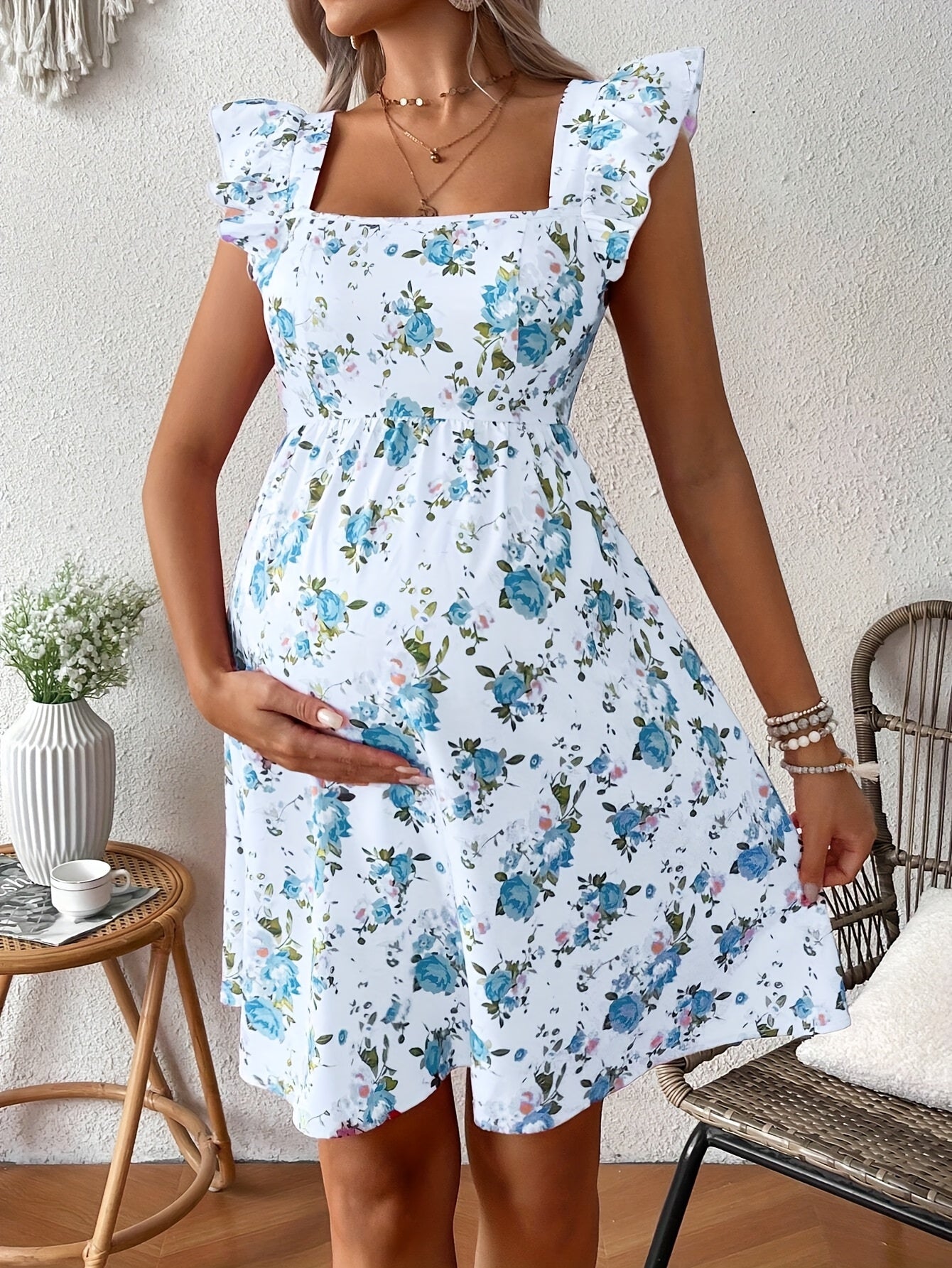 Abito Premaman con Stampa Floreale Elegante - Scollo Quadrato, Spalle Increspate, Vita Stringata, Poliestere Leggero, Abbigliamento Estivo Casual per Donne in Gravidanza, Abito Estivo da Maternità | Abito con Vita Stringata | Abito di Tessuto Liscio, Abi