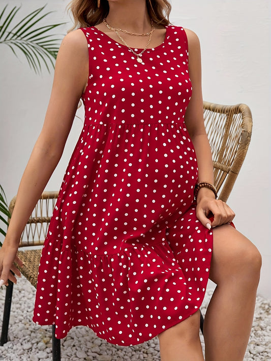 Confezione da 1 Abito Elegante Premaman Senza Maniche con Pois Rossi per Feste - Stile Estivo Casual, Lavabile in Lavatrice, Vestibilità Ampia per Donne, Abbigliamento Premam