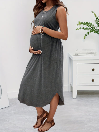 Vestito premaman elegante senza maniche, stile casual elastico per primavera/estate/autunno, lavabile in lavatrice, grigio scuro tinta unita, vestibilità comoda con bretelle regolabili, abbigliamento premaman stagionale | Vestito premaman fluido | Vestit