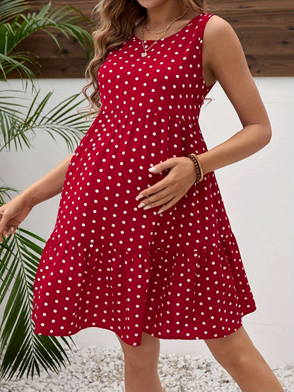 Confezione da 1 Abito Elegante Premaman Senza Maniche con Pois Rossi per Feste - Stile Estivo Casual, Lavabile in Lavatrice, Vestibilità Ampia per Donne, Abbigliamento Premam