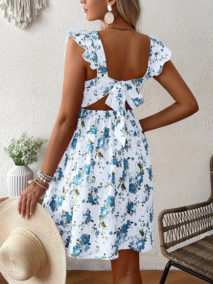 Abito Premaman con Stampa Floreale Elegante - Scollo Quadrato, Spalle Increspate, Vita Stringata, Poliestere Leggero, Abbigliamento Estivo Casual per Donne in Gravidanza, Abito Estivo da Maternità | Abito con Vita Stringata | Abito di Tessuto Liscio, Abi